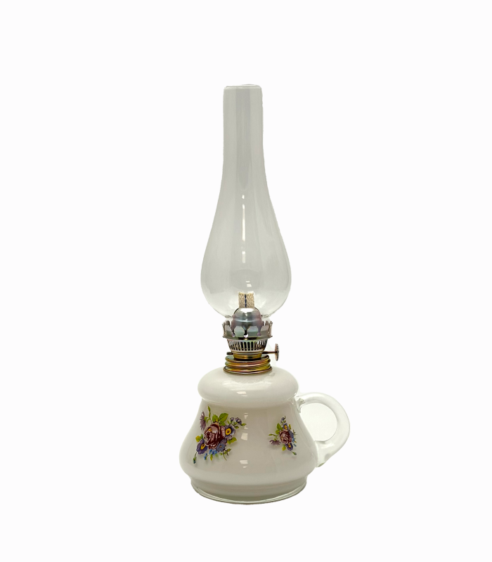 Petrolejová lampa Tereza opálová s květinovým obtiskem